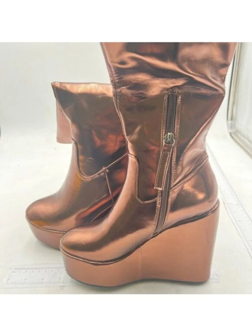 Women Platform Side Zipper Wedge High Heel Point Toe Fancy Pull On Ladies Brown
